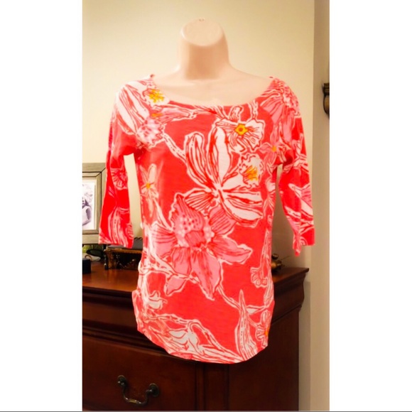 Lilly Pulitzer Tops - Lilly Pulitzer orange & white print Juline top 3/4